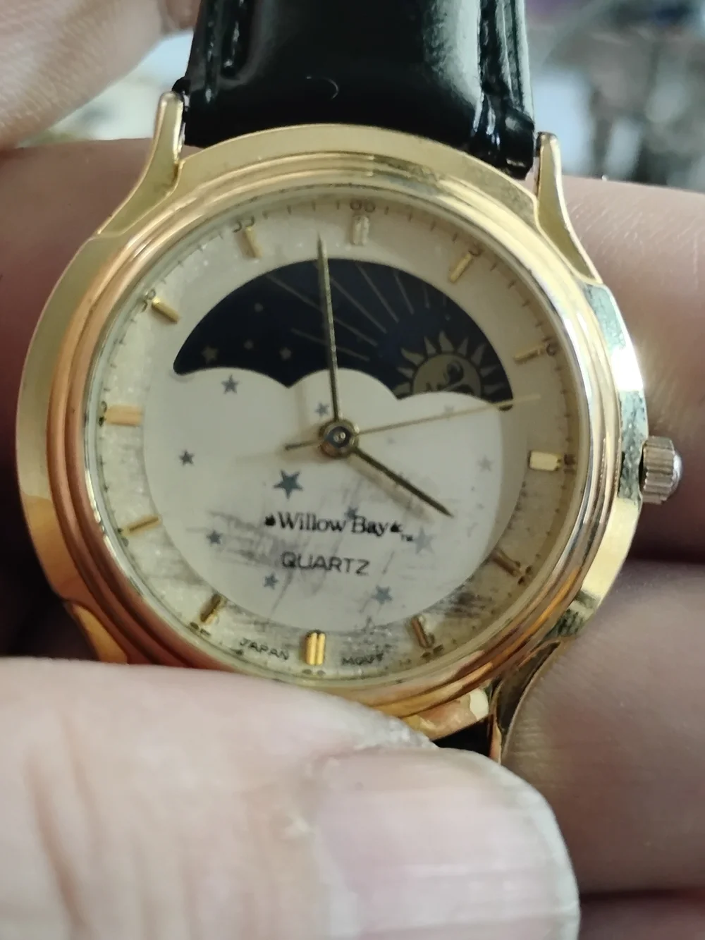 Willow Bay Gold-Tone Quartz Watch with Black Leather Strap